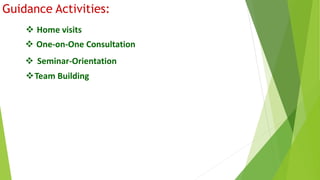 Guidance Activities: 
 Home visits 
 One-on-One Consultation 
 Seminar-Orientation 
Team Building 
 