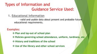 Types of Information and 
Guidance Service Used: 
1. Educational Information 
- valid and usable data about present and probable future 
educational requirements. 
Examples: 
 Plan and lay-out of school plan 
 Policies governing school attendance, uniform, tardiness, etc 
 History and traditions of the school 
 Use of the library and other school services 
 