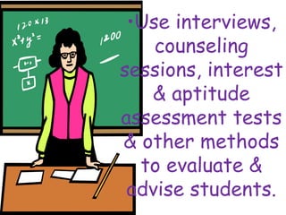 •Use interviews,
counseling
sessions, interest
& aptitude
assessment tests
& other methods
to evaluate &
advise students.
 