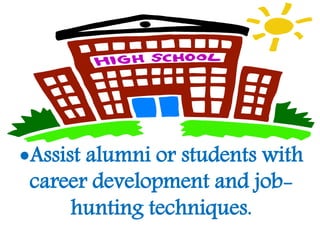 •Assist alumni or students with
career development and job-
hunting techniques.
 