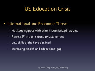 US Education Crisis
• International and Economic Threat
- Not keeping pace with other industrialized nations.
- Ranks 16th in post secondary attainment

- Low skilled jobs have declined
- Increasing wealth and educational gap

(c )Latino U College Access, Inc., October 2013

 