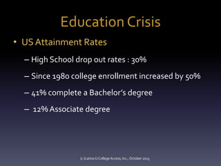 Education Crisis
• US Attainment Rates
– High School drop out rates : 30%
– Since 1980 college enrollment increased by 50%
– 41% complete a Bachelor’s degree
– 12% Associate degree

(c )Latino U College Access, Inc., October 2013

 