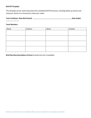 Disclaimer: Use of this tool is not mandated by CMS, nor does its completion ensure regulatory compliance.
RCA PIP Template
This template can be used to document the completed RCA PIP process, including follow-up actions and
measures. Revise it as necessary to meet your needs.
Team Facilitator: Date RCA Started: Date Ended:
Team Members:
Name Position Name Position
Brief Narrative Description of Event (include time line if available):
 