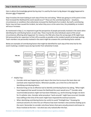 Disclaimer: Use of this tool is not mandated by CMS, nor does its completion ensure regulatory compliance.
Step 4: Identify the contributing factors
Here is where the knowledge gained during step 3 is used by the team to dig deeper into what happened to
discover why it happened.
Step 4 involves the team looking at each step of time line and asking, “What was going on at this point in time
that increased the likelihood the event would occur?” These are the contributing factors – situations,
circumstances or conditions that collectively increased the likelihood of an incident. By itself a contributing
factor may not have caused the incident, but when they occur at the same time, the probability an incident
will occur increases.
As mentioned in Step 2, it is important to get the perspective of people personally involved in the event when
identifying the contributing factors at each step. These may be the only individuals aware of the actual
circumstances affecting what happened. For instance, the CNA who chose the wrong type of lift might have
felt pressured by her supervisor to find a lift as quickly as possible so the resident would not be kept waiting.
Team members not personally involved in the event might be unaware this contributing factor existed.
Below are examples of contributing factors that might be identified for each step of the time line for the
event involving a resident injury during transfer from wheelchair to bed.
Resident is raised
from wheelchair
using the Hoyer lift
CNAs swing
resident toward
bed
Lift starts to
collapse and tips
to one side
Resident drops to
ground and lift falls
on resident
CNAs get Hoyer
lift and position it
by resident’s bed
CNAs had to hurry
to find a lift so
resident would not
be kept waiting
Facility's one
heavy duty lift was
being used in
another location
CNAs unaware the
lift they are using
is not rated for use
with very heavy
residents
No sign on lift
indicating weight
limit
Resident was
moved rapidly
toward bed
because lift arm
started to slip
Sharp movement
of resident by
CNAs
Lift not strong
enough to hold
resident
CNAs not trained
to respond to lift
malfunctions
CONTRIBUTING
FACTORS:
TIME LINE:
EVENT
 Helpful Tips:
o Consider what was happening at each step in the time line to ensure the team does not
overlook some important factors. Whenever possible, use a time line as the basis for
identifying contributing factors.
o Brainstorming can be an effective tool to identify contributing factors by asking, “What might
have happened that would increase the likelihood the event would occur?” Consider what
recommended practices might not have been followed, e.g. sterile dressing changes not done
for IV-catheter sites. Consider what procedure “work-arounds” might have occurred. Consider
how staffing at the time of the event might have impacted the eventual outcome.
o When identifying contributing factors be careful to avoid “hindsight bias.” Knowing the
eventual outcome of a time line can influence how team members view activities leading up to
the event. Remember to consider only those factors that were actually present and known to
those involved at the time – not what was only realized after-the-fact.
 