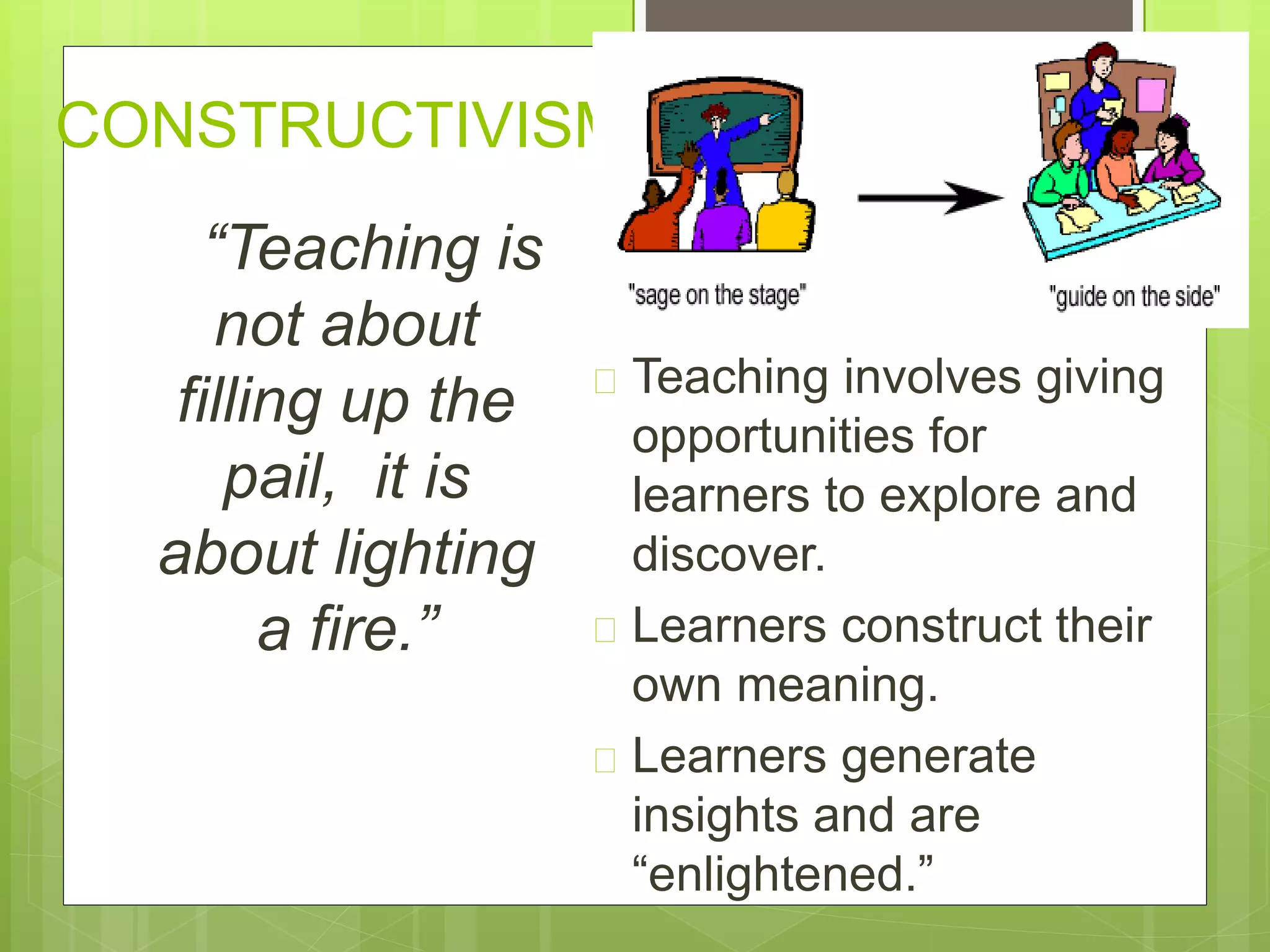 CONSTRUCTIVISM
“Teaching is
not about
filling up the
pail, it is
about lighting
a fire.”
 Teaching involves giving
opportunities for
learners to explore and
discover.
 Learners construct their
own meaning.
 Learners generate
insights and are
“enlightened.”
 