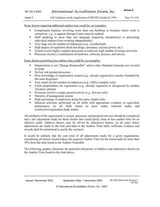 IAF GD 2:2003 International Accreditation Forum, Inc.
Annex 2
Issue 3 IAF Guidance on the Application of ISO/IEC Guide 62:1996 Page 35 of 48
Issued: 1November 2003 Application Date: 1 November 2004 IAF-GD2-2003 Guide 62 Issue 3
Pub.doc
© International Accreditation Forum, Inc. 2003
Some factors requiring additional auditor time could be, as examples:
Complicated logistics involving more than one building or location where work is
carried out. e.g., a separate Design Centre must be audited
Staff speaking in more than one language (requiring interpreter(s) or preventing
individual auditors from working independently)
Very large site for number of employees (e.g., a timberland)
High degree of regulation (food and drugs, aerospace, nuclear power, etc.)
System covers highly complex processes or relatively high number of unique activities
Processes involve a combination of hardware, software, process, and service
Some factors permitting less auditor time could be, as examples:
Organization is not “Design Responsible” and/or other Standard elements not covered
in scope
No/low risk product/processes
Prior knowledge of organization system (e.g., already registered to another Standard by
the same Registrar)
Very small site for number of employees (e.g., Office complex only)
Client preparedness for registration (e.g., already registered or recognized by another
3rd party scheme)
Processes involve a single general activity (e.g., Service only)
Maturity of management system
High percentage of employees doing the same, simple tasks
Identical activities performed on all shifts with appropriate evidence of equivalent
performance on all shifts based on prior audits (internal audits and
certification/registration body audits)
All attributes of the organization’s system, processes, and products/services should be considered
and a fair adjustment made for those factors that could justify more or less auditor time for an
effective audit. Additive factors may be off-set by subtractive factors. In all cases where
adjustments are made to the time provided in the Auditor Time table, sufficient evidence and
records shall be maintained to justify the variation.
It would be unlikely that the sum total of all adjustments made for a given organization,
considering all factors would reduce the required Auditor Time for the initial audit by more than
30% from the time found in the Auditor Timetable.
The following graphic illustrates the potential interaction of additive and subtractive factors on
the Auditor Time found in the chart above.
 