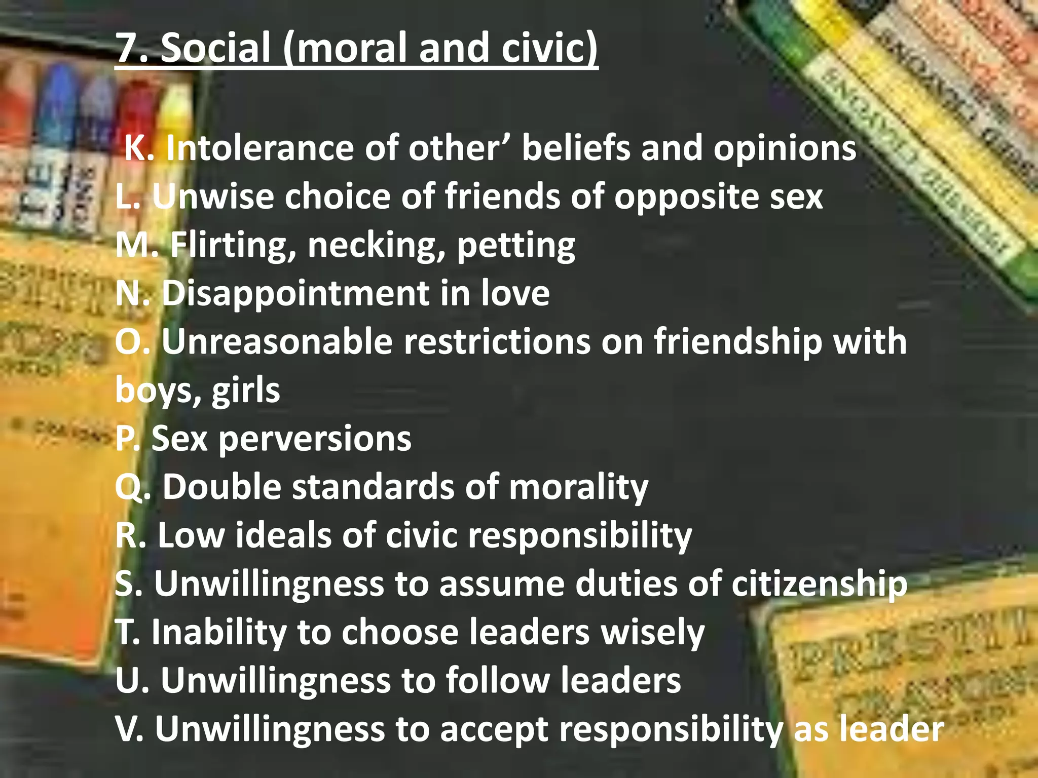 7. Social (moral and civic)
K. Intolerance of other’ beliefs and opinions
L. Unwise choice of friends of opposite sex
M. Flirting, necking, petting
N. Disappointment in love
O. Unreasonable restrictions on friendship with
boys, girls
P. Sex perversions
Q. Double standards of morality
R. Low ideals of civic responsibility
S. Unwillingness to assume duties of citizenship
T. Inability to choose leaders wisely
U. Unwillingness to follow leaders
V. Unwillingness to accept responsibility as leader
 