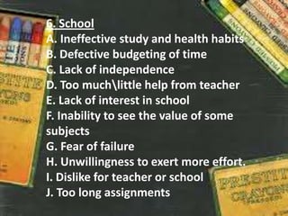 6. School
A. Ineffective study and health habits
B. Defective budgeting of time
C. Lack of independence
D. Too muchlittle help from teacher
E. Lack of interest in school
F. Inability to see the value of some
subjects
G. Fear of failure
H. Unwillingness to exert more effort.
I. Dislike for teacher or school
J. Too long assignments
 