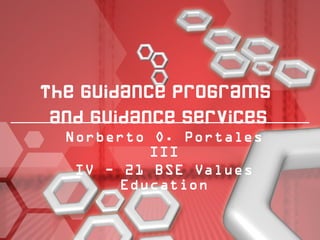 The Guidance Programs
and Guidance Services
Norberto O. Portales
III
IV – 21 BSE Values
Education
 