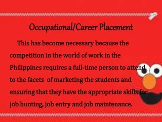 Occupational/Career Placement
This has become necessary because the
competition in the world of work in the
Philippines requires a full-time person to attend
to the facets of marketing the students and
ensuring that they have the appropriate skills for
job hunting, job entry and job maintenance.
 