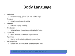 Body Language
• Defensive
– Cross arms or legs, gesture with arm, hand or finger
• Insecure
– Biting fingernails, thumb rubbing
• Nervous
– Sighs, ear tugging, sweating...
• Frustration
– Wringing hands, sharp exhales, rubbing back of neck..
• Suspicion
– Stroke the nose, rub the eyes, diagonal stance
• Openness
– Opened hands, unbuttoned jacket, uncrossed legs
• Reflectiveness
– Rubbing chin, touching cheek, pinching bridge of nose
It’s Not Just What You Say, It’s How You Say It…
 