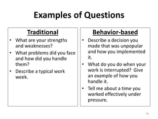 28
Examples of Questions
Traditional
• What are your strengths
and weaknesses?
• What problems did you face
and how did you handle
them?
• Describe a typical work
week.
Behavior-based
• Describe a decision you
made that was unpopular
and how you implemented
it.
• What do you do when your
work is interrupted? Give
an example of how you
handle it.
• Tell me about a time you
worked effectively under
pressure.
 