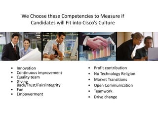 We Choose these Competencies to Measure if
Candidates will Fit into Cisco’s Culture
• Innovation
• Continuous improvement
• Quality team
• Giving
Back/Trust/Fair/Integrity
• Fun
• Empowerment
• Profit contribution
• No Technology Religion
• Market Transitions
• Open Communication
• Teamwork
• Drive change
 