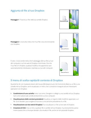Aggiunta di file al tuo Dropbox
Passaggio 1 Trascina un file nella tua cartella Dropbox.
Passaggio 2 L'icona blu indica che il tuo file si sta sincronizzando
con Dropbox.
È tutto. L'icona verde indica che il salvataggio del tuo file sui tuoi
altri computer e sul sito web di Dropbox è terminato. Ora che
il tuo file è in Dropbox, qualsiasi modifica che apporterai sarà
automaticamente individuata e riportata sui tuoi altri computer.
Il menu di scelta rapida/di contesto di Dropbox
Quando fai clic con il pulsante destro del mouse (Windows/Linux) o fai Control-clic (Mac) su un file o una
cartella nel tuo Dropbox, verrà visualizzato un menu che ti consente di eseguire alcune interessanti
operazioni con Dropbox:
•	 Condivisione di una cartella Invita i tuoi amici, famigliari e colleghi a una cartella nel tuo Dropbox.
Sarà come salvare tale cartella direttamente sui loro computer.
•	 Visualizzazione delle versioni precedenti Visualizza un registro delle modifiche apportate a un
file. Se lo desideri, puoi scegliere di tornare a una versione precedente di un file.
•	 Visualizzazione sul sito web di Dropbox Puoi visualizzare un file sul sito web di Dropbox.
•	 Creazione di link Crea un link a qualsiasi file o cartella nel tuo Dropbox. Successivamente, potrai
inviare questo link a chiunque desideri che visualizzi il file, anche se non possiede Dropbox.
 