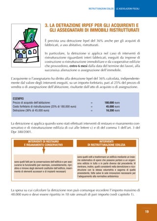 RISTRUTTURAZIONI EDILIZIE: LE AGEVOLAZIONI FISCALI




                                    3. LA DETRAZIONE IRPEF PER GLI ACQUIRENTI E
                                       GLI ASSEGNATARI DI IMMOBILI RISTRUTTURATI

                                    È prevista una detrazione Irpef del 36% anche per gli acquisti di
                                    fabbricati, a uso abitativo, ristrutturati.

                                    In particolare, la detrazione si applica nel caso di interventi di
                                    ristrutturazione riguardanti interi fabbricati, eseguiti da imprese di
                                    costruzione o ristrutturazione immobiliare e da cooperative edilizie
                                    che provvedono, entro 6 mesi dalla data del termine dei lavori, alla
                                    successiva alienazione o assegnazione dell’immobile.

L’acquirente o l’assegnatario ha diritto alla detrazione Irpef del 36% calcolata, indipendente-
mente dal valore degli interventi eseguiti, su un importo forfetario, pari al 25% del prezzo di
vendita o di assegnazione dell’abitazione, risultante dall’atto di acquisto o di assegnazione.


 ESEMPIO
 Prezzo di acquisto dell’abitazione:                                                =              180.000 euro
 Costo forfetario di ristrutturazione (25% di 180.000 euro)                         =               45.000 euro
 Detrazione (36% di 45.000 euro)                                                    =               16.200 euro



La detrazione si applica quando sono stati effettuati interventi di restauro e risanamento con-
servativo e di ristrutturazione edilizia di cui alle lettere c) e d) del comma 1 dell’art. 3 del
Dpr 380/2001.

               INTERVENTI DI RESTAURO                                                     INTERVENTI
            E RISANAMENTO CONSERVATIVO                                           DI RISTRUTTURAZIONE EDILIZIA


                                                                      sono quelli volti a trasformare un edificio mediante un insie-
                                                                      me sistematico di opere che possono portare a un organi-
  sono quelli fatti per la conservazione dell’edificio e per assi-
                                                                      smo edilizio in tutto o in parte diverso dal precedente. Vi
  curarne la funzionalità (per esempio, consolidamento, ripri-
                                                                      rientrano, inoltre, quelli consistenti nella demolizione e rico-
  stino e rinnovo degli elementi costitutivi dell’edificio, inseri-
                                                                      struzione con la stessa volumetria e sagoma di quello
  mento di elementi accessori e di impianti necessari)
                                                                      preesistente, fatte salve le sole innovazioni necessarie per
                                                                      l’adeguamento alla normativa antisismica




La spesa su cui calcolare la detrazione non può comunque eccedere l’importo massimo di
48.000 euro e deve essere ripartita in 10 rate annuali di pari importo (vedi capitolo 1).




                                                                                                                                         19
 