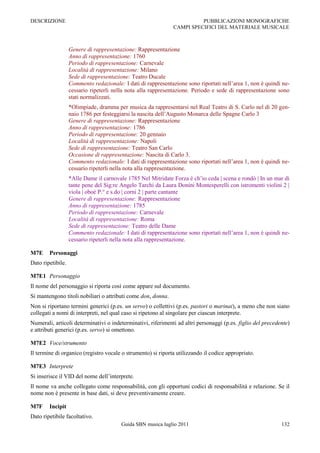 DESCRIZIONE                                                              PUBBLICAZIONI MONOGRAFICHE
                                                               CAMPI SPECIFICI DEL MATERIALE MUSICALE



                   Genere di rappresentazione: Rappresentazione
                   Anno di rappresentazione: 1760
                   Periodo di rappresentazione: Carnevale
                   Località di rappresentazione: Milano
                   Sede di rappresentazione: Teatro Ducale
                   Commento redazionale: I dati di rappresentazione sono riportati nell‟area 1, non è quindi ne-
                   cessario ripeterli nella nota alla rappresentazione. Periodo e sede di rappresentazione sono
                   stati normalizzati.
                   *Olimpiade, dramma per musica da rappresentarsi nel Real Teatro di S. Carlo nel dì 20 gen-
                   naio 1786 per festeggiarsi la nascita dell‟Augusto Monarca delle Spagne Carlo 3
                   Genere di rappresentazione: Rappresentazione
                   Anno di rappresentazione: 1786
                   Periodo di rappresentazione: 20 gennaio
                   Località di rappresentazione: Napoli
                   Sede di rappresentazione: Teatro San Carlo
                   Occasione di rappresentazione: Nascita di Carlo 3.
                   Commento redazionale: I dati di rappresentazione sono riportati nell‟area 1, non è quindi ne-
                   cessario ripeterli nella nota alla rappresentazione.
                   *Alle Dame il carnovale 1785 Nel Mitridate Forza è ch‟io ceda | scena e rondò | In un mar di
                   tante pene del Sig:re Angelo Tarchi da Laura Donini Montesperelli con istromenti violini 2 |
                   viola | oboè P.° e s.do | corni 2 | parte cantante
                   Genere di rappresentazione: Rappresentazione
                   Anno di rappresentazione: 1785
                   Periodo di rappresentazione: Carnevale
                   Località di rappresentazione: Roma
                   Sede di rappresentazione: Teatro delle Dame
                   Commento redazionale: I dati di rappresentazione sono riportati nell‟area 1, non è quindi ne-
                   cessario ripeterli nella nota alla rappresentazione.

M7E     Personaggi
Dato ripetibile.

M7E1 Personaggio
Il nome del personaggio si riporta così come appare sul documento.
Si mantengono titoli nobiliari o attributi come don, donna.
Non si riportano termini generici (p.es. un servo) o collettivi (p.es. pastori o marinai), a meno che non siano
collegati a nomi di interpreti, nel qual caso si ripetono al singolare per ciascun interprete.
Numerali, articoli determinativi o indeterminativi, riferimenti ad altri personaggi (p.es. figlio del precedente)
e attributi generici (p.es. servo) si omettono.

M7E2 Voce/strumento
Il termine di organico (registro vocale o strumento) si riporta utilizzando il codice appropriato.

M7E3 Interprete
Si inserisce il VID del nome dell‟interprete.
Il nome va anche collegato come responsabilità, con gli opportuni codici di responsabilità e relazione. Se il
nome non è presente in base dati, si deve preventivamente creare.

M7F     Incipit
Dato ripetibile facoltativo.
                                         Guida SBN musica luglio 2011                                        132
 