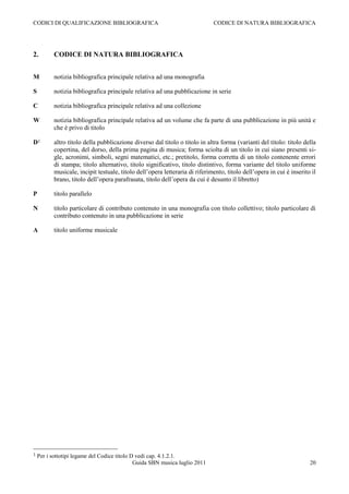 CODICI DI QUALIFICAZIONE BIBLIOGRAFICA                                        CODICE DI NATURA BIBLIOGRAFICA




2.         CODICE DI NATURA BIBLIOGRAFICA


M          notizia bibliografica principale relativa ad una monografia

S          notizia bibliografica principale relativa ad una pubblicazione in serie

C          notizia bibliografica principale relativa ad una collezione

W          notizia bibliografica principale relativa ad un volume che fa parte di una pubblicazione in più unità e
           che è privo di titolo

D1         altro titolo della pubblicazione diverso dal titolo o titolo in altra forma (varianti del titolo: titolo della
           copertina, del dorso, della prima pagina di musica; forma sciolta di un titolo in cui siano presenti si-
           gle, acronimi, simboli, segni matematici, etc.; pretitolo, forma corretta di un titolo contenente errori
           di stampa; titolo alternativo, titolo significativo, titolo distintivo, forma variante del titolo uniforme
           musicale, incipit testuale, titolo dell‟opera letteraria di riferimento, titolo dell‟opera in cui è inserito il
           brano, titolo dell‟opera parafrasata, titolo dell‟opera da cui è desunto il libretto)

P          titolo parallelo

N          titolo particolare di contributo contenuto in una monografia con titolo collettivo; titolo particolare di
           contributo contenuto in una pubblicazione in serie

A          titolo uniforme musicale




1   Per i sottotipi legame del Codice titolo D vedi cap. 4.1.2.1.
                                              Guida SBN musica luglio 2011                                             20
 