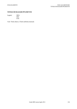 COLLEGAMENTI                                                                  VOCI ALFABETICHE
                                                                    TITOLO DI RAGGRUPPAMENTO



TITOLO DI RAGGRUPPAMENTO

Legami:        M9A
               S9A
               C9A

Vedi: Titolo chiave e Titolo uniforme musicale




                                     Guida SBN musica luglio 2011                          234
 