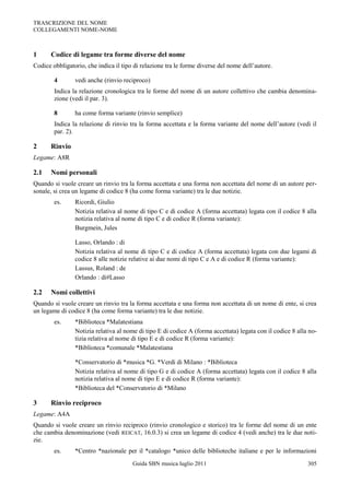 TRASCRIZIONE DEL NOME
COLLEGAMENTI NOME-NOME



1      Codice di legame tra forme diverse del nome
Codice obbligatorio, che indica il tipo di relazione tra le forme diverse del nome dell‟autore.

        4       vedi anche (rinvio reciproco)
        Indica la relazione cronologica tra le forme del nome di un autore collettivo che cambia denomina-
        zione (vedi il par. 3).

        8       ha come forma variante (rinvio semplice)
        Indica la relazione di rinvio tra la forma accettata e la forma variante del nome dell‟autore (vedi il
        par. 2).

2      Rinvio
Legame: A8R

2.1    Nomi personali
Quando si vuole creare un rinvio tra la forma accettata e una forma non accettata del nome di un autore per-
sonale, si crea un legame di codice 8 (ha come forma variante) tra le due notizie.
        es.     Ricordi, Giulio
                Notizia relativa al nome di tipo C e di codice A (forma accettata) legata con il codice 8 alla
                notizia relativa al nome di tipo C e di codice R (forma variante):
                Burgmein, Jules

                Lasso, Orlando : di
                Notizia relativa al nome di tipo C e di codice A (forma accettata) legata con due legami di
                codice 8 alle notizie relative ai due nomi di tipo C e A e di codice R (forma variante):
                Lassus, Roland : de
                Orlando : di#Lasso

2.2    Nomi collettivi
Quando si vuole creare un rinvio tra la forma accettata e una forma non accettata di un nome di ente, si crea
un legame di codice 8 (ha come forma variante) tra le due notizie.
        es.     *Biblioteca *Malatestiana
                Notizia relativa al nome di tipo E di codice A (forma accettata) legata con il codice 8 alla no-
                tizia relativa al nome di tipo E e di codice R (forma variante):
                *Biblioteca *comunale *Malatestiana

                *Conservatorio di *musica *G. *Verdi di Milano : *Biblioteca
                Notizia relativa al nome di tipo G e di codice A (forma accettata) legata con il codice 8 alla
                notizia relativa al nome di tipo E e di codice R (forma variante):
                *Biblioteca del *Conservatorio di *Milano

3      Rinvio reciproco
Legame: A4A
Quando si vuole creare un rinvio reciproco (rinvio cronologico e storico) tra le forme del nome di un ente
che cambia denominazione (vedi REICAT, 16.0.3) si crea un legame di codice 4 (vedi anche) tra le due noti-
zie.
        es.     *Centro *nazionale per il *catalogo *unico delle biblioteche italiane e per le informazioni
                                       Guida SBN musica luglio 2011                                         305
 