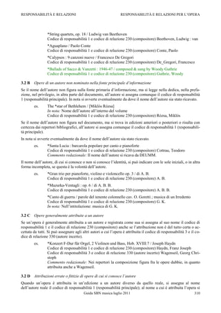 RESPONSABILITÀ E RELAZIONI                                       RESPONSABILITÀ E RELAZIONI PER L‟OPERA




                 *String quartets, op. 18 / Ludwig van Beethoven
                 Codice di responsabilità 1 e codice di relazione 230 (compositore) Beethoven, Ludwig : van
                 *Aguaplano / Paolo Conte
                 Codice di responsabilità 1 e codice di relazione 230 (compositore) Conte, Paolo
                 *Calypsos : 9 canzoni nuove / Francesco De Gregori
                 Codice di responsabilità 1 e codice di relazione 230 (compositore) De_Gregori, Francesco
                 *Ballads of Sacco & Vanzetti : 1946-47 / composed & sung by Woody Guthrie
                 Codice di responsabilità 1 e codice di relazione 230 (compositore) Guthrie, Woody

3.2 B   Opere di un autore non nominato nella fonte principale d’informazione
Se il nome dell‟autore non figura sulla fonte primaria d‟informazione, ma si legge nella dedica, nella prefa-
zione, nel privilegio, in altra parte del documento, all‟autore si assegna comunque il codice di responsabilità
1 (responsabilità principale). In nota si avverte eventualmente da dove il nome dell‟autore sia stato ricavato.
        es.      The *star of Bethlehem / [Miklós Rózsa]
                 In nota: Nome dell‟autore all‟interno del volume
                 Codice di responsabilità 1 e codice di relazione 230 (compositore) Rózsa, Miklós
Se il nome dell‟autore non figura nel documento, ma si trova in edizioni anteriori o posteriori o risulta con
certezza dai repertori bibliografici, all‟autore si assegna comunque il codice di responsabilità 1 (responsabili-
tà principale).
In nota si avverte eventualmente da dove il nome dell‟autore sia stato ricavato.
        es.      *Santa Lucia : barcarola popolare per canto e pianoforte
                 Codice di responsabilità 1 e codice di relazione 230 (compositore) Cottrau, Teodoro
                 Commento redazionale: Il nome dell‟autore si ricava da DEUMM.
Il nome dell‟autore, di cui si conosce o non si conosce l‟identità, si può indicare con le sole iniziali, o in altra
forma incompleta, se questa è la volontà dell‟autore.
        es.      *Gran trio per pianoforte, violino e violoncello op. 3 / di A. B.
                 Codice di responsabilità 1 e codice di relazione 230 (compositore) A. B.
                 *Mazurka-Ventagli : op. 6 / di A. B. B.
                 Codice di responsabilità 1 e codice di relazione 230 (compositore) A. B. B.
                 *Canto di guerra / parole del tenente colonnello cav. O. Goretti ; musica di un Irredento
                 Codice di responsabilità 1 e codice di relazione 230 (compositore) G. K.
                 In nota: Nell‟intitolazione: musica di G. K.

3.2 C Opere generalmente attribuite a un autore
Se un‟opera è generalmente attribuita a un autore e registrata come sua si assegna al suo nome il codice di
responsabilità 1 e il codice di relazione 230 (compositore) anche se l‟attribuzione non è del tutto certa o ac-
cettata da tutti. Si può assegnare agli altri autori a cui l‟opera è attribuita il codice di responsabilità 3 e il co-
dice di relazione 330 (autore incerto).
        es.      *Konzert F-Dur für Orgel, 2 Violinen und Bass, Hob. XVIII:7 / Joseph Haydn
                 Codice di responsabilità 1 e codice di relazione 230 (compositore) Haydn, Franz Joseph
                 Codice di responsabilità 3 e codice di relazione 330 (autore incerto) Wagenseil, Georg Chri-
                 stoph
                 Commento redazionale: Nei repertori la composizione figura fra le opere dubbie, in quanto
                 attribuita anche a Wagenseil.

3.2 D Attribuzioni errate o fittizie di opere di cui si conosce l’autore
Quando un‟opera è attribuita in un‟edizione a un autore diverso da quello reale, si assegna al nome
dell‟autore reale il codice di responsabilità 1 (responsabilità principale); al nome a cui è attribuita l‟opera si
                                         Guida SBN musica luglio 2011                                             310
 
