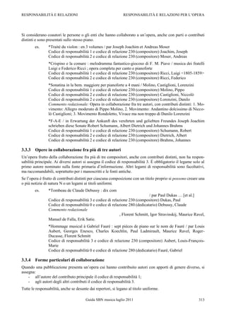 RESPONSABILITÀ E RELAZIONI                                     RESPONSABILITÀ E RELAZIONI PER L‟OPERA




Si considerano coautori le persone o gli enti che hanno collaborato a un‟opera, anche con parti o contributi
distinti e sono presentati sullo stesso piano.
        es.     *Traité du violon : en 3 volumes / par Joseph Joachim et Andreas Moser
                Codice di responsabilità 1 e codice di relazione 230 (compositore) Joachim, Joseph
                Codice di responsabilità 2 e codice di relazione 230 (compositore) Moser, Andreas
                *Crispino e la comare : melodramma fantastico-giocoso di F. M. Piave / musica dei fratelli
                Luigi e Federico Ricci ; opera completa per canto e pianoforte
                Codice di responsabilità 1 e codice di relazione 230 (compositore) Ricci, Luigi <1805-1859>
                Codice di responsabilità 2 e codice di relazione 230 (compositore) Ricci, Federico
                *Sonatina in la bem. maggiore per pianoforte a 4 mani / Molino, Castiglioni, Lorenzini
                Codice di responsabilità 1 e codice di relazione 230 (compositore) Molino, Pippo
                Codice di responsabilità 2 e codice di relazione 230 (compositore) Castiglioni, Niccolò
                Codice di responsabilità 2 e codice di relazione 230 (compositore) Lorenzini, Danilo
                Commento redazionale: Opera in collaborazione fra tre autori, con contributi distinti: 1. Mo-
                vimento: Allegro moderato di Pippo Molino, 2. Movimento: Andantino dolcissimo di Nicco-
                lò Castiglioni; 3. Movimento Rondoletto, Vivace ma non troppo di Danilo Lorenzini
                *F-A-E / in Erwartung der Ankunft des verehrten und geliebten Freundes Joseph Joachim
                schrieben diese Sonate Robert Schumann, Albert Dietrich und Johannes Brahms
                Codice di responsabilità 1 e codice di relazione 230 (compositore) Schumann, Robert
                Codice di responsabilità 2 e codice di relazione 230 (compositore) Dietrich, Albert
                Codice di responsabilità 2 e codice di relazione 230 (compositore) Brahms, Johannes

3.3.3   Opere in collaborazione fra più di tre autori
Un‟opera frutto della collaborazione fra più di tre compositori, anche con contributi distinti, non ha respon-
sabilità principale. Ai diversi autori si assegna il codice di responsabilità 3. È obbligatorio il legame solo al
primo autore nominato sulla fonte primaria d‟informazione. Altri legami di responsabilità sono facoltativi,
ma raccomandabili, soprattutto per i manoscritti e le fonti antiche.
Se l‟opera è frutto di contributi distinti per ciascuna composizione con un titolo proprio si possono creare una
o più notizie di natura N o un legami ai titoli uniformi.
        es.     *Tombeau de Claude Debussy : dix com
                                                                              / par Paul Dukas … [et al.]
                Codice di responsabilità 3 e codice di relazione 230 (compositore) Dukas, Paul
                Codice di responsabilità 0 e codice di relazione 280 (dedicatario) Debussy, Claude
                Commento redazionale
                                                            , Florent Schmitt, Igor Stravinskij, Maurice Ravel,
                Manuel de Falla, Erik Satie.
                *Hommage musical à Gabriel Fauré : sept pièces de piano sur le nom de Fauré / par Louis
                Aubert, Georges Enesco, Charles Koechlin, Paul Ladmirault, Maurice Ravel, Roger-
                Ducasse, Florent Schmitt
                Codice di responsabilità 3 e codice di relazione 230 (compositore) Aubert, Louis-François-
                Marie
                Codice di responsabilità 0 e codice di relazione 280 (dedicatario) Fauré, Gabriel

3.3.4   Forme particolari di collaborazione
Quando una pubblicazione presenta un‟opera cui hanno contribuito autori con apporti di genere diverso, si
assegna:
    - all‟autore del contributo principale il codice di responsabilità 1;
    - agli autori degli altri contributi il codice di responsabilità 3.
Tutte le responsabilità, anche se desunte dai repertori, si legano al titolo uniforme.

                                        Guida SBN musica luglio 2011                                         313
 