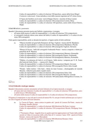 RESPONSABILITÀ E RELAZIONI                                    RESPONSABILITÀ E RELAZIONI PER L‟OPERA




                Codice di responsabilità 3 e codice di relazione 520 (paroliere, autore della lirica) Mogol
                Commento redazionale: Linea melodica e testi delle canzoni registrate nel LP Anima latina.
                Il *paese dei bambini con la testa / testi di Beppe Chierici ; musiche di Daisy Lumini
                Codice di responsabilità 1 e codice di relazione 230 (compositore) Lumini, Daisy
                Codice di responsabilità 3 e codice di relazione 520 (paroliere, autore della lirica) Chierici,
                Beppe

3.3.4.1 B Balletti e pantomine
Quando il documento presenta musica per balletto o pantomima, si assegna:
   - all‟autore della musica il codice di responsabilità 1 e il codice di relazione 230 (compositore);
   - al coreografo (indicato talora come autore del ballo) il codice di responsabilità 3 e il codice di rela-
      zione 200 (coreografo)
Tutte queste responsabilità, anche se desunte da repertori, si legano anche al titolo uniforme
        es.     *Marcia trionfale nel gran ballo Romanow del Sig.r Taglioni / musica del M. Mandanici
                Codice di responsabilità 1 e codice di relazione 230 (compositore) Mandanici, Placido
                Codice di responsabilità 3 e codice di relazione 200 (coreografo) Taglioni, Salvatore
                *Bianca di Nevers : ballo del coreografo Ferdinando Pratesi / musica composta e ridotta per
                pianoforte da R. Marenco
                Codice di responsabilità 1 e codice di relazione 230 (compositore) Marenco, Romualdo
                Codice di responsabilità 3 e codice di relazione 200 (coreografo) Pratesi, Ferdinando
                Codice di responsabilità 3 e codice di relazione 030 (arrangiatore) Marenco, Romualdo
                *Odetta, o La demenza di Carlo 6. re di Francia : ballo storico / composto per l‟I. R. Teatro
                alla Scala da Giulio Perrot ... ; musica di G. Bajetti
                Codice di responsabilità 1 e codice di relazione 230 (compositore) Bajetti, Giovanni
                Codice di responsabilità 3 e codice di relazione 200 (coreografo) Perrot, Jules-Joseph
                *Parade : ballet réaliste / Erik Satie ; thème de Jean Cocteau ; choréographie de Léonide
                Massine ; réduction pour piano à quatre mains
                Codice di responsabilità 1 e codice di relazione 230 (compositore) Satie, Erik
                Codice di responsabilità 3 e codice di relazione 200 (coreografo) Massine, Léonide
                Codice di responsabilità 3 e codice di relazione 100 (antecedente bibliografico) Cocteau, Je-
                an

 [L]
3.3.4.2 Libretti e testi per musica
Quando il documento consiste unicamente nel testo letterario di un‟opera musicale, si assegna:
   - all‟autore del testo letterario il codice di responsabilità 1 e il codice di relazione 520 (paroliere, auto-
      re della lirica) o 480 (librettista);
   - all‟autore della musica il codice di responsabilità 3 e il codice di relazione 230 (compositore).
Il legame al compositore si crea solo per la notizia di natura M o N, non per il titolo uniforme per cui è previ-
sto solo il legame all‟autore del testo letterario.
        es.     Le *nozze di Figaro : opera comica in quattro atti / parole di Lorenzo Da Ponte ; musica di
                Wolfango Amedeo Mozart
                Codice di responsabilità 1 e codice di relazione 480 (librettista) Da Ponte, Lorenzo
                Codice di responsabilità 3 e codice di relazione 230 (compositore) Mozart, Wolfgang Ama-
                deus
                I *Normanni a Parigi : tragedia lirica in quattro parti da rappresentarsi nel Teatro della nobile
                società in Udine in occasione della solita fiera di S. Lorenzo l‟anno 1836 / parole di Felice
                Romani ; musica del maestro Mercadante
                Codice di responsabilità 1 e codice di relazione 480 (librettista) Romani, Felice
                                       Guida SBN musica luglio 2011                                          315
 