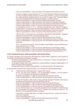 RESPONSABILITÀ E RELAZIONI                                    RESPONSABILITÀ E RELAZIONI PER L‟OPERA




                Codice di responsabilità 3 e codice di relazione 230 (compositore) Mercadante, Saverio
                Il *mistico omaggio, cantata eseguitasi nel C. R. Teatro alla Scala in Milano alla presenza di
                S.A.I.R. l‟Arciduca Giovanni d‟Austria commissario di S.M.I.R.A. a ricevere il giuramento
                de‟ sudditi del Regno Lombardo-Veneto. La sera del 15 maggio 1815 / [Vincenzo Monti ;
                musica di Ferdinando Orlando, Ferdinando Pontelibero, Vincenzo Federici]
                Codice di responsabilità 1 e codice di relazione 480 (librettista) Monti, Vincenzo
                Codice di responsabilità 3 e codice di relazione 230 (compositore) Orlando, Ferdinando
                Codice di responsabilità 3 e codice di relazione 230 (compositore) Pontelibero, Ferdinando
                Codice di responsabilità 3 e codice di relazione 230 (compositore) Federici, Vincenzo
                La *trasfigurazione di N. S. G. C. : oratorio in due parti per canto, orchestra ed organo /
                composto dal sac. Lorenzo Perosi direttore della Cappella di S. Marco in Venezia ; parole del
                capo 9. dell‟Evangelo di S. Marco con altre tolte dalla liturgia e l‟inno Cristo risusciti
                Codice di responsabilità 3 e codice di relazione 230 (compositore) Perosi, Lorenzo
                *My fair lady : a musical play in two acts based on Pygmalion by Bernard Shaw / adaptation
                and lyrics by Alan Jay Lerner ; music by Frederick Loewe
                Codice di responsabilità 1 e codice di relazione 480 (librettista) Lerner, Alan Jay
                Codice di responsabilità 3 e codice di relazione 230 (compositore) Loewe, Frederick
                Codice di responsabilità 3 e codice di relazione 100 (antecedente bibliografico) Shaw, Geor-
                ge Bernard
                *Cats : the book of the musical / music by Andrew Lloyd Webber ; based on Old Possum‟s
                book practical cats by T. S. Eliot
                Codice di responsabilità 1 e codice di relazione 480 (librettista) Lloyd Webber, Andrew
                Codice di responsabilità 3 e codice di relazione 230 (compositore) Lloyd Webber, Andrew
                Codice di responsabilità 3 e codice di relazione 100 (antecedente bibliografico) Eliot, T. S.

3.3.4.3 Argomenti di opere, balli e pantomime e descrizioni di feste
Se i libretti contengono solo la descrizione dell‟argomento di balli, balletti e pantomime, senza riportare la
coreografia o lo schema dei passi di danza, si assegna:
    - all‟estensore dell‟argomento, se citato nel documento, o se conosciuto, il codice di responsabilità 1 e
         il codice di relazione 070 (autore);
    - al coreografo (indicato talora come compositore o autore del ballo) il codice di responsabilità 3 e il
         codice di relazione 200 (coreografo);
    - all‟autore della musica il codice di responsabilità 3 e il codice di relazione 230 (compositore).
In mancanza del nome dell‟estensore dell‟argomento, non si assegna una responsabilità principale.
        es.     *Adele de Pontieu. Ballo pantomimo / [Signor Carlo Lepicq]
                In nota: A p. [20]: autore e ballerini. - A p. [7]: personaggi e interpreti. - A p. [7]: argomen-
                to. - A p. [17]: firmatario dell‟argomento Antonio Picardi
                Codice di responsabilità 1 e codice di relazione 070 (autore) Picardi, Antonio
                Codice di responsabilità 3 e codice di relazione 200 (coreografo) Le_Picq, Charles
                *Enrico di Cinq-Mars : ballo storico in otto quadri del coreografo Emanuele Viotti da rap-
                presentarsi nel Teatro Regio il carnevale dell‟anno 1849-50
                Codice di responsabilità 1 e codice di relazione 070 (autore) Guidi, Francesco
                Codice di responsabilità 3 e codice di relazione 200 (coreografo) Viotti, Emanuele
                Codice di responsabilità 3 e codice di relazione 230 (compositore) De_Macchi, Luigi
                In nota: Nell‟Avvertenza a p. 2: Il presente programma (scritto dal poeta F. Guidi sulle trac-
                cie [!] prestabilite dal coreografo E. Viotti) e l‟analoga musica (scritta dal maestro L. De
                Macchi), sono di proprietà del suddetto coreografo
                *Argomento e scenario della Delia o sia Della sera sposa del sole / [poesia di G. Strozzi ;
                musica di F. Mannelli]
                In nota: Nomi degli autori a p. 27
                Codice di responsabilità 1 e codice di relazione 070 (autore) Strozzi, Giulio
                                       Guida SBN musica luglio 2011                                          316
 