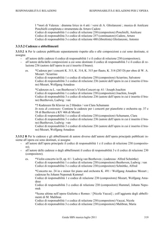RESPONSABILITÀ E RELAZIONI                                    RESPONSABILITÀ E RELAZIONI PER L‟OPERA




                I *mori di Valenza : dramma lirico in 4 atti / versi di A. Ghislanzoni ; musica di Amilcare
                Ponchielli completata e strumentata da Arturo Cadore
                Codice di responsabilità 1 e codice di relazione 230 (compositore) Ponchielli, Amilcare
                Codice di responsabilità 3 e codice di relazione 257 (continuatore) Cadore, Arturo
                Codice di responsabilità 3 e codice di relazione 480 (librettista) Ghislanzoni, Antonio

3.3.5.2 Cadenze e abbellimenti
3.3.5.2 A Per le cadenze pubblicate separatamente rispetto alla o alle composizioni a cui sono destinate, si
assegna:
    - all‟autore delle cadenze il codice di responsabilità 1 e il codice di relazione 230 (compositore);
    - all‟autore della/delle composizioni a cui sono destinate il codice di responsabilità 3 e il codice di re-
        lazione 236 (autore dell‟opera in cui è inserito il brano).
        es.     *Cadenze per i concerti K. 313, K. 314, K. 315 per flauto, K. 314 (285 D) per oboe di W. A.
                Mozart / Sciarrino
                Codice di responsabilità 1 e codice di relazione 230 (compositore) Sciarrino, Salvatore
                Codice di responsabilità 3 e codice di relazione 236 (autore dell‟opera in cui è inserito il bra-
                no) Mozart, Wolfgang Amadeus
                *Cadenzen zu L. van Beethoven‟s Violin-Concert op. 61 / Joseph Joachim
                Codice di responsabilità 1 e codice di relazione 230 (compositore) Joachim, Joseph
                Codice di responsabilità 3 e codice di relazione 236 (autore dell‟opera in cui è inserito il bra-
                no) Beethoven, Ludwig : van
                *5 Kadenzen für Klavier zu 2 Händen / von Clara Schumann
                In nota di contenuto: Contiene le cadenze per i concerti per pianoforte e orchestra op. 37 e
                58 di Beethoven e KV 466 di Mozart
                Codice di responsabilità 1 e codice di relazione 230 (compositore) Schumann, Clara
                Codice di responsabilità 3 e codice di relazione 236 (autore dell‟opera in cui è inserito il bra-
                no) Beethoven, Ludwig : van
                Codice di responsabilità 3 e codice di relazione 236 (autore dell‟opera in cui è inserito il bra-
                no) Mozart, Wolfgang Amadeus

3.3.5.2 B Per le cadenze e gli abbellimenti di autore diverso dall‟autore dell‟opera principale pubblicati in-
sieme all‟opera cui sono destinati, si assegna:
    - all‟autore dell‟opera principale il codice di responsabilità 1 e il codice di relazione 230 (composito-
        re);
    - all‟autore delle cadenze o degli abbellimenti il codice di responsabilità 3 e il codice di relazione 230
        (compositore).
        es.     *Violin concerto in D, op. 61 / Ludwig van Beethoven ; (cadenzas: Alfred Schnittke)
                Codice di responsabilità 1 e codice di relazione 230 (compositore) Beethoven, Ludwig : van
                Codice di responsabilità 3 e codice di relazione 230 (compositore) Schnittke, Alfred
                *Concerto no. 24 in c minor for piano and orchestra K. 491 / Wolfgang Amadeus Mozart ;
                cadenzas by Johann Nepomuk Kummel
                Codice di responsabilità 1 e codice di relazione 230 (compositore) Mozart, Wolfgang Ama-
                deus
                Codice di responsabilità 3 e codice di relazione 230 (compositore) Hummel, Johann Nepo-
                muk
                *Scena ultima nell‟opera Giulietta e Romeo / [Nicola Vaccai] ; coll‟aggiunta degli abbelli-
                menti di M. Malibran
                Codice di responsabilità 1 e codice di relazione 230 (compositore) Vaccai, Nicola
                Codice di responsabilità 3 e codice di relazione 230 (compositore) Malibran, Maria



                                       Guida SBN musica luglio 2011                                          319
 