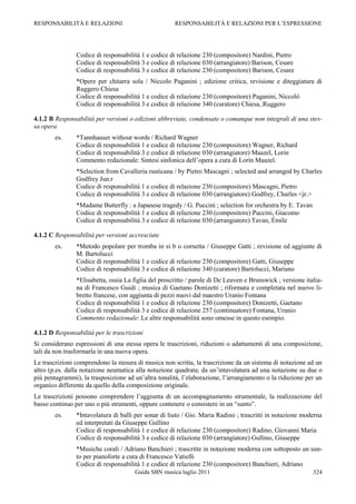 RESPONSABILITÀ E RELAZIONI                            RESPONSABILITÀ E RELAZIONI PER L‟ESPRESSIONE




                Codice di responsabilità 1 e codice di relazione 230 (compositore) Nardini, Pietro
                Codice di responsabilità 3 e codice di relazione 030 (arrangiatore) Barison, Cesare
                Codice di responsabilità 3 e codice di relazione 230 (compositore) Barison, Cesare
                *Opere per chitarra sola / Niccolo Paganini ; edizione critica, revisione e diteggiatura di
                Ruggero Chiesa
                Codice di responsabilità 1 e codice di relazione 230 (compositore) Paganini, Niccolò
                Codice di responsabilità 3 e codice di relazione 340 (curatore) Chiesa, Ruggero

4.1.2 B Responsabilità per versioni o edizioni abbreviate, condensate o comunque non integrali di una stes-
sa opera
        es.     *Tannhauser without words / Richard Wagner
                Codice di responsabilità 1 e codice di relazione 230 (compositore) Wagner, Richard
                Codice di responsabilità 3 e codice di relazione 030 (arrangiatore) Maazel, Lorin
                Commento redazionale: Sintesi sinfonica dell‟opera a cura di Lorin Maazel.
                *Selection from Cavalleria rusticana / by Pietro Mascagni ; selected and arranged by Charles
                Godfrey Jun.r
                Codice di responsabilità 1 e codice di relazione 230 (compositore) Mascagni, Pietro
                Codice di responsabilità 3 e codice di relazione 030 (arrangiatore) Godfrey, Charles <jr.>
                *Madame Butterfly : a Japanese tragedy / G. Puccini ; selection for orchestra by E. Tavan
                Codice di responsabilità 1 e codice di relazione 230 (compositore) Puccini, Giacomo
                Codice di responsabilità 3 e codice di relazione 030 (arrangiatore) Tavan, Émile

4.1.2 C Responsabilità per versioni accresciute
        es.     *Metodo popolare per tromba in si b o cornetta / Giuseppe Gatti ; revisione ed aggiunte di
                M. Bartolucci
                Codice di responsabilità 1 e codice di relazione 230 (compositore) Gatti, Giuseppe
                Codice di responsabilità 3 e codice di relazione 340 (curatore) Bartolucci, Mariano
                *Elisabetta, ossia La figlia del proscritto / parole di De Leuven e Brunswick ; versione italia-
                na di Francesco Guidi ; musica di Gaetano Donizetti ; riformata e completata nel nuovo li-
                bretto francese, con aggiunta di pezzi nuovi dal maestro Uranio Fontana
                Codice di responsabilità 1 e codice di relazione 230 (compositore) Donizetti, Gaetano
                Codice di responsabilità 3 e codice di relazione 257 (continuatore) Fontana, Uranio
                Commento redazionale: Le altre responsabilità sono omesse in questo esempio.

4.1.2 D Responsabilità per le trascrizioni
Si considerano espressioni di una stessa opera le trascrizioni, riduzioni o adattamenti di una composizione,
tali da non trasformarla in una nuova opera.
Le trascrizioni comprendono la stesura di musica non scritta, la trascrizione da un sistema di notazione ad un
altro (p.es. dalla notazione neumatica alla notazione quadrata; da un‟intavolatura ad una notazione su due o
più pentagrammi), la trasposizione ad un‟altra tonalità, l‟elaborazione, l‟arrangiamento o la riduzione per un
organico differente da quello della composizione originale.
Le trascrizioni possono comprendere l‟aggiunta di un accompagnamento strumentale, la realizzazione del
basso continuo per uno o più strumenti, oppure contenere o consistere in un “sunto”.
        es.     *Intavolatura di balli per sonar di liuto / Gio. Maria Radino ; trascritti in notazione moderna
                ed interpretati da Giuseppe Gullino
                Codice di responsabilità 1 e codice di relazione 230 (compositore) Radino, Giovanni Maria
                Codice di responsabilità 3 e codice di relazione 030 (arrangiatore) Gullino, Giuseppe
                *Musiche corali / Adriano Banchieri ; trascritte in notazione moderna con sottoposto un sun-
                to per pianoforte a cura di Francesco Vatielli
                Codice di responsabilità 1 e codice di relazione 230 (compositore) Banchieri, Adriano
                                      Guida SBN musica luglio 2011                                          324
 