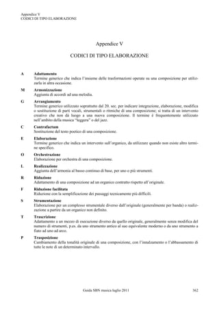 Appendice V
CODICI DI TIPO ELABORAZIONE




                                            Appendice V

                            CODICI DI TIPO ELABORAZIONE


A     Adattamento
      Termine generico che indica l‟insieme delle trasformazioni operate su una composizione per utiliz-
      zarla in altra occasione.
M     Armonizzazione
      Aggiunta di accordi ad una melodia.
G     Arrangiamento
      Termine generico utilizzato soprattutto dal 20. sec. per indicare integrazione, elaborazione, modifica
      o sostituzione di parti vocali, strumentali o ritmiche di una composizione; si tratta di un intervento
      creativo che non dà luogo a una nuova composizione. Il termine è frequentemente utilizzato
      nell‟ambito della musica “leggera” o del jazz.
C     Contrafactum
      Sostituzione del testo poetico di una composizione.
E     Elaborazione
      Termine generico che indica un intervento sull‟organico, da utilizzare quando non esiste altro termi-
      ne specifico.
O     Orchestrazione
      Elaborazione per orchestra di una composizione.
L     Realizzazione
      Aggiunta dell‟armonia al basso continuo di base, per uno o più strumenti.
R     Riduzione
      Adattamento di una composizione ad un organico contratto rispetto all‟originale.
F     Riduzione facilitata
      Riduzione con la semplificazione dei passaggi tecnicamente più difficili.
S     Strumentazione
      Elaborazione per un complesso strumentale diverso dall‟originale (generalmente per banda) o realiz-
      zazione a partire da un organico non definito.
T     Trascrizione
      Adattamento a un mezzo di esecuzione diverso da quello originale, generalmente senza modifica del
      numero di strumenti, p.es. da uno strumento antico al suo equivalente moderno o da uno strumento a
      fiato ad uno ad arco.
P     Trasposizione
      Cambiamento della tonalità originale di una composizione, con l‟innalzamento o l‟abbassamento di
      tutte le note di un determinato intervallo.




                                    Guida SBN musica luglio 2011                                        362
 