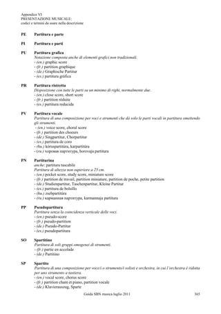 Appendice VI
PRESENTAZIONE MUSICALE:
codici e termini da usare nella descrizione


PE       Partitura e parte

PI       Partitura e parti

PU       Partitura grafica
         Notazione composta anche di elementi grafici non tradizionali.
         - (en.) graphic score
         - (fr.) partition graphique
         - (de.) Graphische Partitur
         - (es.) partitura gráfica

PR       Partitura ristretta
         Disposizione con tutte le parti su un minimo di righi, normalmente due.
         - (en.) close score, short score
         - (fr.) partition réduite
         - (es.) partitura reducida

PV       Partitura vocale
         Partitura di una composizione per voci e strumenti che dà solo le parti vocali in partitura omettendo
         gli strumenti.
          - (en.) voice score, choral score
         - (fr.) partition des choeurs
         - (de.) Singpartitur, Chorpartitur
         - (es.) partitura de coro
         - (hu.) kóruspartitúra, karpartitúra
         - (ru.) хоровая партитура, horovaja partitura

PN       Partiturina
         anche: partitura tascabile
         Partitura di altezza non superiore a 25 cm.
         - (en.) pocket score, study score, miniature score
         - (fr.) partition de travail, partition miniature, partition de poche, petite partition
         - (de.) Studienpartitur, Taschenpartitur, Kleine Partitur
         - (es.) partitura de bolsillo
         - (hu.) zsebpartitúra
         - (ru.) карманная партитура, karmannaja partitura

PP       Pseudopartitura
         Partitura senza la coincidenza verticale delle voci.
         - (en.) pseudo-score
         - (fr.) pseudo-partition
         - (de.) Pseudo-Partitur
         - (es.) pseudopartitura

SO       Spartitino
         Partitura di soli gruppi omogenei di strumenti.
         - (fr.) partie en accolade
         - (de.) Partitino

SP       Spartito
         Partitura di una composizione per voce/i o strumento/i solisti e orchestra, in cui l’orchestra è ridotta
         per uno strumento a tastiera.
         - (en.) vocal score, chorus score
         - (fr.) partition chant et piano, partition vocale
         - (de.) Klavierauszug, Sparte
                                              Guida SBN musica luglio 2011                                   365
 