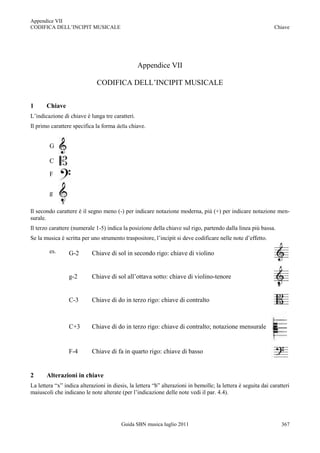 Appendice VII
CODIFICA DELL‟INCIPIT MUSICALE                                                                                 Chiave




                                                 Appendice VII

                              CODIFICA DELL‟INCIPIT MUSICALE


1      Chiave
L‟indicazione di chiave è lunga tre caratteri.
Il primo carattere specifica la forma della chiave.


        G

        C

        F

        g

Il secondo carattere è il segno meno (-) per indicare notazione moderna, più (+) per indicare notazione men-
surale.
Il terzo carattere (numerale 1-5) indica la posizione della chiave sul rigo, partendo dalla linea più bassa.
Se la musica è scritta per uno strumento traspositore, l‟incipit si deve codificare nelle note d‟effetto.

        es.      G-2        Chiave di sol in secondo rigo: chiave di violino


                 g-2        Chiave di sol all‟ottava sotto: chiave di violino-tenore


                 C-3        Chiave di do in terzo rigo: chiave di contralto



                 C+3        Chiave di do in terzo rigo: chiave di contralto; notazione mensurale


                 F-4        Chiave di fa in quarto rigo: chiave di basso


2      Alterazioni in chiave
La lettera “x” indica alterazioni in diesis, la lettera “b” alterazioni in bemolle; la lettera è seguita dai caratteri
maiuscoli che indicano le note alterate (per l‟indicazione delle note vedi il par. 4.4).




                                         Guida SBN musica luglio 2011                                             367
 