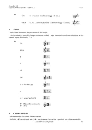 Appendice VII
CODIFICA DELL‟INCIPIT MUSICALE                                                                          Misura



        es.
                     xFC        Fa e Do diesis [tonalità: re magg. o Si min.]



                     bBEA       Si, Mi, La bemolli [Tonalità: Mi bemolle magg. o Do min.]



3      Misura
L‟indicazione di misura o il segno mensurale dell‟incipit.
I valori frazionari o numerici si trascrivono come frazioni, i segni mensurali come lettere minuscole, se ne-
cessario seguite dal simbolo “/” o “.”.

        es.
                 2/4



                 12/16


                 3


                 c


                 c3



                 c3/2



                 c/ (= alla breve, ¢)


                 o


                 o. (= tempo “perfetto”)


                 3/4 4/4 (scambio continuo tra
                 3/4 e 4/4)



4      Contesto musicale
L‟incipit musicale trascritto in forma codificata.
I simboli 4.1-4.3 precedono le note (4.4) e non si devono ripetere fino a quando il loro valore non cambia.
                                        Guida SBN musica luglio 2011                                          368
 