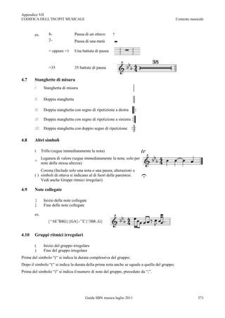 Appendice VII
CODIFICA DELL‟INCIPIT MUSICALE                                                                  Contesto musicale



        es.       8-               Pausa di un ottavo
                  2-               Pausa di una metà

                  = oppure =1      Una battuta di pausa



                  =35              35 battute di pausa

4.7     Stanghette di misura
        /      Stanghetta di misura

        //     Doppia stanghetta

        //:    Doppia stanghetta con segno di ripetizione a destra

        ://    Doppia stanghetta con segno di ripetizione a sinistra

        ://: Doppia stanghetta con doppio segno di ripetizione

4.8     Altri simboli

        t     Trillo (segue immediatamente la nota)
              Legatura di valore (segue immediatamente la nota; solo per
        +
              note della stessa altezza)
            Corona (Include solo una nota o una pausa; alterazioni o
        ( ) simboli di ottava si indicano al di fuori delle parentesi.
            Vedi anche Gruppi ritmici irregolari)

4.9     Note collegate

        {      Inizio delle note collegate
        }      Fine delle note collegate

        es.
                  {„„6E‟B8G}{GA}-‟‟C{„3B8..G}


4.10    Gruppi ritmici irregolari

        (      Inizio del gruppo irregolare
        )      Fine del gruppo irregolare
Prima del simbolo “(“ si indica la durata complessiva del gruppo;
Dopo il simbolo “(“ si indica la durata della prima nota anche se uguale a quella del gruppo;
Prima del simbolo “)” si indica il numero di note del gruppo, preceduto da “;”.




                                         Guida SBN musica luglio 2011                                        371
 