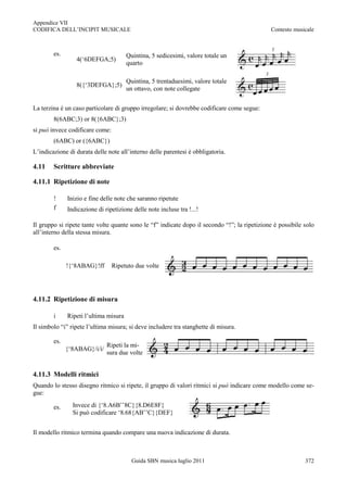 Appendice VII
CODIFICA DELL‟INCIPIT MUSICALE                                                                Contesto musicale



        es.                            Quintina, 5 sedicesimi, valore totale un
                 4(„6DEFGA;5)
                                       quarto

                                       Quintina, 5 trentaduesimi, valore totale
                 8({„3DEFGA};5)
                                       un ottavo, con note collegate


La terzina è un caso particolare di gruppo irregolare; si dovrebbe codificare come segue:
        8(6ABC;3) or 8({6ABC};3)
si può invece codificare come:
        (6ABC) or ({6ABC})
L‟indicazione di durata delle note all‟interno delle parentesi è obbligatoria.

4.11    Scritture abbreviate

4.11.1 Ripetizione di note

        !     Inizio e fine delle note che saranno ripetute
        f     Indicazione di ripetizione delle note incluse tra !...!

Il gruppo si ripete tante volte quante sono le “f” indicate dopo il secondo “!”; la ripetizione è possibile solo
all‟interno della stessa misura.

        es.

              !{„8ABAG}!ff       Ripetuto due volte




4.11.2 Ripetizione di misura

        i     Ripeti l‟ultima misura
Il simbolo “i” ripete l‟ultima misura; si deve includere tra stanghette di misura.

        es.
                              Ripeti la mi-
              {„8ABAG}/i/i/
                              sura due volte


4.11.3 Modelli ritmici
Quando lo stesso disegno ritmico si ripete, il gruppo di valori ritmici si può indicare come modello come se-
gue:

        es.     Invece di {„8.A6B‟‟8C}{8.D6E8F}
                Si può codificare „8.68{AB‟‟C}{DEF}


Il modello ritmico termina quando compare una nuova indicazione di durata.



                                         Guida SBN musica luglio 2011                                       372
 
