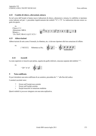 Appendice VII
CODIFICA DELL‟INCIPIT MUSICALE                                                                      Nota codificata



4.12     Cambio di chiave, alterazioni, misura
Se nel corso dell‟incipit si hanno nuove indicazioni di chiave, alterazioni o misura, le codifiche si riportano
come indicato nel par. 1, precedute rispettivamente dai simboli “%” e “$”. Le indicazioni devono essere se-
guite da spazio.

          es.
       Chiave: C-1
       Alterazioni: bBEA
       Misura: c
       „2A-//$xFC 8B-4-2-/@3/2 1C2-//

4.13     Abbreviazioni
Abbreviazioni di note come il tremolo, la ribattuta, etc. si devono riportare alla loro notazione di effetto:

         es.
                 {„„8CCCC}      Ribattuta su Do4                    =




    4.14         Accordi
La nota superiore si trascrive per prima, seguita da quelle inferiori, ciascuna separate dal simbolo “^”.

         es.
                  „„2D^‟A^xF


5       Nota codificata
Si può introdurre una nota codificata di un carattere, preceduta da “~” alla fine del codice.
I caratteri accettati sono:

          ?    Errore nell‟incipit non corretto
          +    Errore nell‟incipit corretto
          t    Incipit trascritto in notazione moderna
Questi simboli si possono integrare con una nota esplicativa.




                                        Guida SBN musica luglio 2011                                            373
 