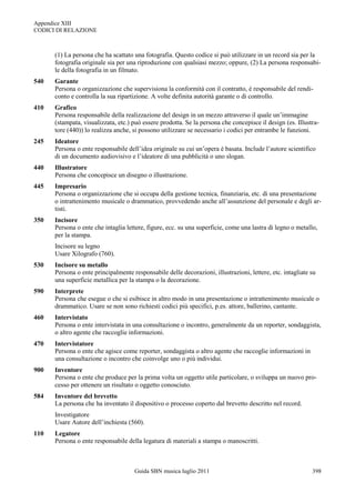 Appendice XIII
CODICI DI RELAZIONE



      (1) La persona che ha scattato una fotografia. Questo codice si può utilizzare in un record sia per la
      fotografia originale sia per una riproduzione con qualsiasi mezzo; oppure, (2) La persona responsabi-
      le della fotografia in un filmato.
540   Garante
      Persona o organizzazione che supervisiona la conformità con il contratto, è responsabile del rendi-
      conto e controlla la sua ripartizione. A volte definita autorità garante o di controllo.
410   Grafico
      Persona responsabile della realizzazione del design in un mezzo attraverso il quale un‟immagine
      (stampata, visualizzata, etc.) può essere prodotta. Se la persona che concepisce il design (es. Illustra-
      tore (440)) lo realizza anche, si possono utilizzare se necessario i codici per entrambe le funzioni.
245   Ideatore
      Persona o ente responsabile dell‟idea originale su cui un‟opera è basata. Include l‟autore scientifico
      di un documento audiovisivo e l‟ideatore di una pubblicità o uno slogan.
440   Illustratore
      Persona che concepisce un disegno o illustrazione.
445   Impresario
      Persona o organizzazione che si occupa della gestione tecnica, finanziaria, etc. di una presentazione
      o intrattenimento musicale o drammatico, provvedendo anche all‟assunzione del personale e degli ar-
      tisti.
350   Incisore
      Persona o ente che intaglia lettere, figure, ecc. su una superficie, come una lastra di legno o metallo,
      per la stampa.
      Incisore su legno
      Usare Xilografo (760).
530   Incisore su metallo
      Persona o ente principalmente responsabile delle decorazioni, illustrazioni, lettere, etc. intagliate su
      una superficie metallica per la stampa o la decorazione.
590   Interprete
      Persona che esegue o che si esibisce in altro modo in una presentazione o intrattenimento musicale o
      drammatico. Usare se non sono richiesti codici più specifici, p.es. attore, ballerino, cantante.
460   Intervistato
      Persona o ente intervistata in una consultazione o incontro, generalmente da un reporter, sondaggista,
      o altro agente che raccoglie informazioni.
470   Intervistatore
      Persona o ente che agisce come reporter, sondaggista o altro agente che raccoglie informazioni in
      una consultazione o incontro che coinvolge uno o più individui.
900   Inventore
      Persona o ente che produce per la prima volta un oggetto utile particolare, o sviluppa un nuovo pro-
      cesso per ottenere un risultato o oggetto conosciuto.
584   Inventore del brevetto
      La persona che ha inventato il dispositivo o processo coperto dal brevetto descritto nel record.
      Investigatore
      Usare Autore dell‟inchiesta (560).
110   Legatore
      Persona o ente responsabile della legatura di materiali a stampa o manoscritti.



                                     Guida SBN musica luglio 2011                                           398
 