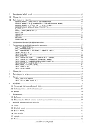 2          Pubblicazioni a fogli mobili ................................................................................................................ 209
2.1        Monografie .......................................................................................................................................... 209
2.2        Pubblicazioni in più unità.................................................................................................................... 209
                PUBBLICAZIONI A FASCICOLI E A FOGLI MOBILI ............................................................................ 210
                PUBBLICAZIONI CHE SI RIFERISCONO AD ALTRE PUBBLICAZIONI ............................................ 211
                PUBBLICAZIONI IN PIÙ PARTI E TESTO AGGIUNTO ......................................................................... 212
                PUBBLICAZIONI SENZA TITOLO COLLETTIVO .................................................................................. 214
                RACCOLTE .................................................................................................................................................. 215
                RIPRODUZIONE FACSIMILARE .............................................................................................................. 217
                RUBRICHE ................................................................................................................................................... 218
                SCISSIONE ................................................................................................................................................... 219
                SEZIONE ....................................................................................................................................................... 220
                SPOGLIO ...................................................................................................................................................... 221
                SUPPLEMENTO ........................................................................................................................................... 223
1          Supplemento con titolo particolare autonomo..................................................................................... 223
2          Supplemento privo di titolo particolare autonomo .............................................................................. 223
                SVILUPPO DEI NUMERALI ....................................................................................................................... 224
                SVILUPPO DELLE SIGLE .......................................................................................................................... 225
                SVILUPPO DI SIMBOLI, SEGNI MATEMATICI E SIMILI ..................................................................... 226
                TESTO AGGIUNTO ..................................................................................................................................... 227
                TITOLO ALTERNATIVO ............................................................................................................................ 228
                TITOLO CHIAVE ......................................................................................................................................... 229
                TITOLO DELL‟OPERA DA CUI È DESUNTO IL LIBRETTO ................................................................. 230
                TITOLO DELL‟OPERA IN CUI È INSERITO IL BRANO ........................................................................ 231
                TITOLO DELL‟OPERA LETTERARIA DI RIFERIMENTO ..................................................................... 232
                TITOLO DELL‟OPERA PARAFRASATA .................................................................................................. 233
                TITOLO DI RAGGRUPPAMENTO............................................................................................................. 234
                TITOLO DISTINTIVO ................................................................................................................................. 235
                TITOLO PARALLELO ................................................................................................................................. 236
1          Monografie .......................................................................................................................................... 236
2          Pubblicazioni in serie .......................................................................................................................... 237
3          Spoglio ................................................................................................................................................ 237
                TITOLO SIGNIFICATIVO ........................................................................................................................... 238
                TITOLO UNIFORME MUSICALE .............................................................................................................. 239
0          Premessa .............................................................................................................................................. 239
      0.1 Normativa di riferimento e Protocolli SBN ...................................................................................................... 239
      0.2 Cattura e creazione di titoli uniformi musicali ................................................................................................. 239
      0.3 Esempi .............................................................................................................................................................. 240
1          Introduzione ........................................................................................................................................ 240
      1.1 Definizione ....................................................................................................................................................... 240
      1.2 Elementi esclusi dal titolo uniforme musicale (elaborazioni, trascrizioni, etc.) ............................................... 240
2          Elementi del titolo uniforme musicale ................................................................................................ 241
      2.1 Natura ............................................................................................................................................................... 241
      2.2 Livello di autorità ............................................................................................................................................. 241
      2.3 Numero ISADN ................................................................................................................................................ 241
      2.4 Area del titolo ................................................................................................................................................... 242
      2.5 Agenzia ............................................................................................................................................................. 242
      2.6 Norme ............................................................................................................................................................... 242
                                                               Guida SBN musica luglio 2011                                                                                       7
 