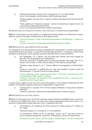 DESCRIZIONE                                                         PUBBLICAZIONI MONOGRAFICHE
                                            AREA DEL TITOLO E DELL‟INDICAZIONE DI RESPONSABILITÀ



        es.     *Quartett für Pianoforte, Violine, Viola, Violoncelle op. 19 / von Albert Becker
                In nota: Sul frontespizio: Herrn Professor Adolf Grunwald gewidmet
                *Sorpresa-galopp : per piano forte / composto e dedicato alla signora Elisa Ravanelli da Da-
                vide Nava
                *Canti popolari per l‟educazione musicale / trascritti ed elaborati per organici diversi con
                versione ritmica italiana [da] Antonio Piani
                In nota: Con il patrocinio dell‟Istituto friulano di musicologia
Ma una frase come con 20 illustrazioni montate a mano dall’autore è un‟indicazione di responsabilità.

M1C9 Se il frontespizio reca titoli paralleli e/o complementi del titolo paralleli, ma l‟indicazione di respon-
sabilità è soltanto in una lingua, tale indicazione si dà di seguito al titolo.
        es.     *Svensk Kyrkomusik / Vokal- und Instrumentalensemble der Rundfunkchor : Leitung Eric
                Ericson
                Commento redazionale: Sul documento titoli paralleli in tedesco e inglese.

M1C10 Indicazioni di responsabilità in più di una lingua
Se il frontespizio reca titoli paralleli ed eventuali complementi del titolo paralleli e ha inoltre indicazioni di
responsabilità in più di una lingua, si sceglie la forma nella lingua del titolo o, in mancanza, la prima forma
che appare sul frontespizio. Si può segnalare la presenza delle altre forme in nota (vedi M6A3).
        es.     Die *Zauberflöte / W. A. Mozart ; für zwei Flöten oder Violinen, nach einer Ausgabe aus
                dem Jahr 1792, herausgegeben von Gerhard Braun
                Commento redazionale: La pubblicazione ha come titolo parallelo: The *magic flute / W. A.
                Mozart ; for two flutes or violins, from an edition of 1792 edited by Gerhard Braun.
                *Sinfonia a cinque (Sonata 6.), op. 2 / Tomaso Albinoni ; herausgegeben von Walter Kolne-
                der
                Commento redazionale: La pubblicazione ha come titoli paralleli: Concerto G-moll für
                Streichorchester, e: Concerto G minor for string orchestra.
                *Vesna svjaščennaja : balet : kartina jazyčeskoj Rusi / I. Stravinskij ; Gosudarstvennyj Sim-
                foniceskij Orkestr SSSR ; dirižer E. Svetlanov
                Commento redazionale: Sul documento titolo, complemento del titolo e indicazioni di re-
                sponsabilità anche in lingua inglese.
La stessa norma si applica nei casi in cui non vi sono titoli paralleli o vi sono soltanto complementi del titolo
paralleli e sul frontespizio appaiono indicazioni di responsabilità in lingue diverse.
        es.     *Europa cantat 6 : Leicester 1976 / for the European Federation of Young Choirs edited by
                Willi Gohl
                Commento redazionale: Indicazione di responsabilità anche in francese e tedesco.

M1C11 Pubblicazioni senza titolo collettivo

M1C11.1 Se il documento reca i titoli di due o più opere singole contenute nella pubblicazione e nessun tito-
lo collettivo per la pubblicazione stessa, e se tutte le opere singole appartengono ad uno stesso autore, le in-
dicazioni di responsabilità si danno dopo tutti i titoli e i complementi del titolo.
        es.     *24 Preludes op. 28 ; Prelude op. 45 ; Piano sonata op. 35 ; Piano sonata op. 58 ; Fantasy op.
                49 / Chopin
                *Suite pour le piano n. 8 ; Courante op. 38 / Ant. Rubinstein
                La *rimembranza : ballata : op. 46 ; La mammola : canzone : op. 47 : per canto in chiave di
                sol con accomp.to di pianoforte / parole di C. di Monterenzo ; musica di Vincenzo Prina
                *Invenzione seconda ; Serena ; Scritto in margine ; Horthus fragilis ; Acanthis ; Introduzione
                                        Guida SBN musica luglio 2011                                           80
 