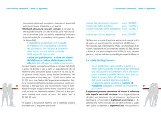 31
(valore del patrimonio rimasto) euro 110.000 -
(valore dei debiti ereditari) euro 10.000 +
(valore rivalutato delle donazioni) euro 100.000 =
(valore per calcolo legittima) euro 200.000
Nell’esempio la quota di legittima spettante al coniuge e ai fi-
gli, pari a un quarto ciascuno, ammonta a 50.000 euro.
Non essendo stati né la moglie né il figlio Gino beneficiari di do-
nazioni, ciascuno di essi avrà ricevuto soltanto 33.333,33 euro
a fronte di una quota di legittima di 50.000,00 euro. Saranno,
pertanto, stati lesi nella loro quota di legittima per la differenza.
La tutela del legittimario
Se un legittimario viene privato, in tutto o in
parte, della sua quota di legittima, per effetto di
una disposizione testamentaria e/o di donazioni
poste in essere in vita dal defunto, esso può far
valere il proprio diritto all’ottenimento
dell’intera quota di legittima mediante
un’apposita azione giudiziaria, l’azione di
riduzione, soggetta al termine di prescrizione
di 10 anni.
I legittimari possono rinunciare all’azione di riduzione
solo dopo la morte del testatore. Se un soggetto dispone
di tutto il suo patrimonio con più donazioni, i legittimari che
non hanno ricevuto nulla (i legittimari pretermessi) o i le-
gittimari che hanno ricevuto beni di valore inferiore a quello
della quota di legittima (i legittimari lesi) non possono ri-
patrimonio mentre agli ascendenti è riservato un quarto del
patrimonio (quota disponibile = un quarto).
• Diritto di abitazione e uso del coniuge: al coniuge, an-
che quando concorre con altri chiamati, sono riservati i di-
ritti di abitazione sulla casa adibita a residenza familiare e
l’uso dei mobili che la corredano (diritti gravanti sulla quo-
ta disponibile).
È importante evidenziare che la quota
di legittima non va calcolata sul valore
del patrimonio del defunto al momento
della morte, ma sul valore risultante
dalla seguente operazione:
valore del patrimonio - valore dei debiti
del defunto + valore delle donazioni in
vita (alla data di apertura della successione).
Esempio: Mario, coniugato con Maria e con due figli (Carlo
e Gino), ha donato in vita a Carlo un appartamento che al
momento della donazione aveva il valore di 70.000,00 eu-
ro. Quando Mario muore, senza lasciare testamento, nel
suo patrimonio vi sono beni per 110.000 euro e debiti per
10.000 euro, ma il valore dell’appartamento donato a Car-
lo, al momento dell’apertura della successione, risulta am-
montare a 100.000 euro. Dal momento che non c’è testa-
mento la moglie e i figli avranno diritto ciascuno a una quo-
ta di un terzo sul patrimonio residuo. Ciascuno di loro per-
tanto riceverà una quota, al netto dei debiti, pari a
33.333,33 euro.
Per sapere se la quota di legittima non è rispettata bisogna
procedere con la seguente operazione:
30
La successione “necessaria”: i diritti dei legittimariLa successione “necessaria”: i diritti dei legittimari
 