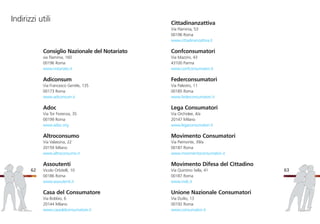 6362
Cittadinanzattiva
Via Flaminia, 53
00196 Roma
www.cittadinanzattiva.it
Confconsumatori
Via Mazzini, 43
43100 Parma
www.confconsumatori.it
Federconsumatori
Via Palestro, 11
00185 Roma
www.federconsumatori.it
Lega Consumatori
Via Orchidee, 4/a
20147 Milano
www.legaconsumatori.it
Movimento Consumatori
Via Piemonte, 39/a
00187 Roma
www.movimentoconsumatori.it
Movimento Difesa del Cittadino
Via Quintino Sella, 41
00187 Roma
www.mdc.it
Unione Nazionale Consumatori
Via Duilio, 13
00192 Roma
www.consumatori.it
Indirizzi utili
Consiglio Nazionale del Notariato
via Flaminia, 160
00196 Roma
www.notariato.it
Adiconsum
Via Francesco Gentile, 135
00173 Roma
www.adiconsum.it
Adoc
Via Tor Fiorenza, 35
00199 Roma
www.adoc.org
Altroconsumo
Via Valassina, 22
20159 Milano
www.altroconsumo.it
Assoutenti
Vicolo Orbitelli, 10
00186 Roma
www.assoutenti.it
Casa del Consumatore
Via Bobbio, 6
20144 Milano
www.casadelconsumatore.it
 