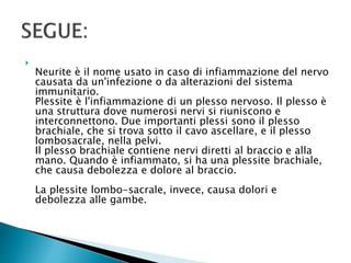 
Neurite è il nome usato in caso di infiammazione del nervo
causata da un'infezione o da alterazioni del sistema
immunitario.
Plessite è l'infiammazione di un plesso nervoso. Il plesso è
una struttura dove numerosi nervi si riuniscono e
interconnettono. Due importanti plessi sono il plesso
brachiale, che si trova sotto il cavo ascellare, e il plesso
lombosacrale, nella pelvi.
Il plesso brachiale contiene nervi diretti al braccio e alla
mano. Quando è infiammato, si ha una plessite brachiale,
che causa debolezza e dolore al braccio.
La plessite lombo-sacrale, invece, causa dolori e
debolezza alle gambe.
 