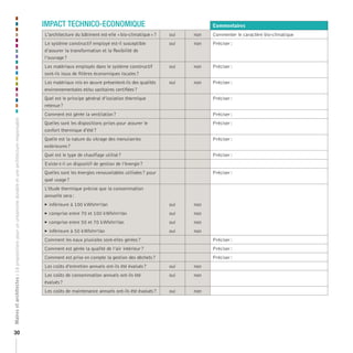 IMPACT TECHNICO-ECONOMIQUE

	

	

	 Commentaires
	

	

L’architecture du bâtiment est-elle « bio-climatique » ?

oui

	 non
	

	 Commenter le caractère bio-climatique
	
	

Le système constructif employé est-il susceptible
d’assurer la transformation et la flexibilité de
l’ouvrage ?

oui

	 non
	

	 Préciser :
	

	

	

	

	

	

Les matériaux employés dans le système constructif
sont-ils issus de filières économiques locales ?

oui

	 non
	

	 Préciser :
	

	

Les matériaux mis en œuvre présentent-ils des qualités
environnementales et/ou sanitaires certifiées ?

oui

	

	
non
	 	

	

	
Préciser :
	
	

	

	

	

	 Préciser :
	

	

	

	

	

	

	

	

	

	

	
Préciser :
	
	
Préciser :
	
	

	

	

	 Préciser :
	

	

	

	

	

	

Existe-t-il un dispositif de gestion de l’énergie ?

	

	

	
Préciser :
	
	

Quelles sont les énergies renouvelables utilisées ? pour
quel usage ?

	

	

	 Préciser :
	

	

	

	

	

	

	

	

	

	

	

	

Quel est le principe général d’isolation thermique
retenue ?
Maires et architectes : 18 propositions pour un urbanisme durable et une architecture responsable

Comment est gérée la ventilation ?

30

Quelles sont les dispositions prises pour assurer le
confort thermique d’été ?
Quelle est la nature du vitrage des menuiseries
extérieures ?
Quel est le type de chauffage utilisé ?

L’étude thermique précise que la consommation
annuelle sera :

	

	

	
	

	



inférieure à 100 kWh/m²/an

oui

	 non
	

	

	

	



comprise entre 70 et 100 kWh/m²/an

oui

	

	

	



comprise entre 50 et 70 kWh/m²/an

oui

inférieure à 50 kWh/m²/an

oui

	

	

	



	 non
	
non
	 	
non
	 	

	

	
Préciser :

	

	

	

	 Préciser :
	

	

	

	

	 Préciser :
	

	

	

	

	

	

	

	

Comment les eaux pluviales sont-elles gérées ?
Comment est gérée la qualité de l’air intérieur ?
Comment est prise en compte la gestion des déchets ?
Les coûts d’entretien annuels ont-ils été évalués ?

oui

Les coûts de consommation annuels ont-ils été
évalués ?

oui

non
	 	
non
	 	

Les coûts de maintenance annuels ont-ils été évalués ?

oui

non

	
	

	

	

	

	

	

	

	

	

	

 