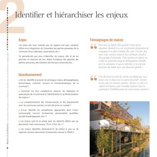 2

Identifier et hiérarchiser les enjeux

Maires et architectes : 18 propositions pour un urbanisme durable et une architecture responsable

Enjeu

8

Les états des lieux réalisés par les experts ont pour vocation
d’être mis à disposition de l’ensemble des parties prenantes de la
commune (élus, habitants, associations, etc.).
Ils permettront aux élus d’identifier les enjeux clés et de les
prioriser en fonction de leur degré d’urgence, des attentes des
parties prenantes, des échelons territoriaux concernés, etc.

Questionnement
A-t-on identifié et priorisé les principaux enjeux démographiques,
économiques, culturels, sociaux et environnementaux de la
commune ?



 Comment les élus comptent-ils associer les habitants et
associations de la commune à l’identification et la hiérarchisation
des enjeux ?

La complémentarité des infrastructures et des équipements
avec les communes voisines a-t-elle été prise en compte ?



 A-t-on identifié les compétences appropriées dans l’intercommunalité (service d’urbanisme, personnalités qualifiées,
société d’aménagement, etc.) ?
 Les enjeux sont-ils en phase avec les objectifs définis par les
documents inter-communaux (PLH, PDU, etc.) ?

Les enjeux identifiés nécessitent-ils de mettre à jour ou de
repenser certains documents d’urbanisme comme le PADD ?



Témoignages de maires

“

	 	 our	moi	au	départ,	l’éco-quartier	n’était	qu’un	
P
argument	électoral.	Ca	a	été	ma	première	proposition	de	
campagne	et	en	plein	Grenelle,	elle	a	plu.	Une	fois	élus,	
nous	nous	sommes	entourés	d’un	architecte	conseil	et	
d’un	groupe	d’urbanistes.	D’éco-quartier	au	départ,	on	
a	bâti	un	projet	plus	large	de	développement	durable	
pour	la	commune.	Ce	qu’on	recherche,	ce	ne	sont	pas	
forcément	des	labels	mais	une	démarche	globale.	»

“

	 	 ne	idée	forte	est	sortie	du	comité	consultatif	que	nous	
U
avions	mis	en	place	tout	en	amont	du	projet	:	surtout	
ne	pas	créer	un	nouveau	quartier	«	dortoir	»	à	côté	et	en	
rupture	de	l’ancien,	mais	travailler	toujours	dans	la	
continuité	et	l’embellissement	du	centre	ancien	existant	?	»

 
