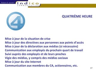 QUATRIÈME HEURE Mise à jour de la situation de crise Mise à jour des directives aux personnes aux points d’accès Mise à jour de la déclaration aux médias (si nécessaire) Communication aux employés du prochain quart de travail Suivi auprès des employés et de leurs proches Vigie des médias, y compris des médias sociaux Mise à jour du site Internet Communication aux membres du CA, actionnaires, etc. 