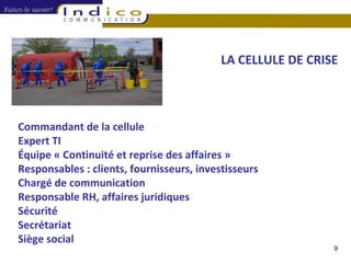 L A CELLULE DE CRISE Commandant de la cellule Expert TI Équipe « Continuité et reprise des affaires » Responsables : clients, fournisseurs, investisseurs Chargé de communication Responsable RH, affaires juridiques Sécurité Secrétariat Siège social 