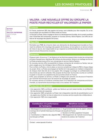 LES BONNES PRATIQUES
                                                                                                    Environnement




                         Valora : une nouvelle offre du Groupe La
                         Poste pour recycler et valoriser le papier
                         Contexte
SECTEUR
Services                 En France, seulement 20% des papiers de bureau sont collectés pour être recyclés. Or, la res-
TAILLE DE L’ENTREPRISE   source papier est recyclable et la filière existe en France.
Grand Compte             Le Groupe La Poste, acteur engagé en faveur du développement durable, et en contact quotidien
PAYS                     avec l’ensemble des entreprises, propose un nouveau service, Valora Papiers. Une offre de col-
France                   lecte et de recyclage des papiers de bureau.

                         Objectif(s)
                         Permettre aux PME de s’inscrire dans une démarche de développement durable en favo-
                         risant la collecte et le recyclage des papiers de bureaux, le tout grâce à un service simple
                         de mise en œuvre, éco-responsable et qui respecte la confidentialité des documents remis
                         dans le circuit d’économie circulaire.

                         Démarche
                         Chaque matin, 6 jours sur 7, les facteurs et les factrices passent dans toutes les entreprises
                         et foyers français pour distribuer 85 millions de documents. Grâce à ce maillage territorial,
                         La Poste propose aujourd’hui aux entreprises le service Valora Papiers.
                         Ce nouveau service offre la possibilité à chaque entreprise de remettre au facteur ses pa-
                         piers usagés pour les réintégrer dans la filière de recyclage.
                         Pour ce faire, La Poste a mis en place un service complet qui intègre la RSE à chaque étape
                         du projet. Ainsi, La Poste accompagne et facilite le tri des papiers en mettant à disposition
                         de chaque client des kits de tri du papier. Elle s’engage à protéger la confidentialité des
                         documents qui seront collectés. Elle propose de favoriser les boucles courtes en confiant
                         le papier à recycler aux papetiers les plus proches situés en France.
                         Enfin, pour proposer ce service, La Poste a intégré à son activité une structure d’insertion
                         par l’activité économique pour les actions de recyclage du papier.
                         Ce nouveau service co-construit contribue donc à la réduction de l’empreinte environne-
                         mentale, au dynamisme économique local, et au secteur de l’insertion.

                         Facteur(s) clés du succès
                         • Une approche 100% confiance : grâce aux facteurs qui sont assermentés, la confidentia-
                           
                           lité des données est respectée
                         • Une approche 100% simplicité. La Poste met à disposition des kits de sensibilisation au tri
                           
                           du papier pour faciliter la mise en place de ce nouveau service auprès des collaborateurs
                         • Une approche 100% éco-responsable
                           



                             Contribution à la performance                         Bénéfices sociaux
                                    de l’entreprise                             et/ou environnementaux
                          • Développement d’une nouvelle activité éco-    • Augmentation du taux de papier collecté
                          nomique lié à l’activité historique du Groupe   et recyclé en France
                          La Poste                                        • Soutien à la filière papetière française
                          • Contribution à l’atteinte des objectifs RSE   • Développement de l’activité économique
                          du Groupe La Poste                              locale et du secteur de l’insertion


                         Contact : www.laposte.fr/valora




                                            NewDDeal 2012     33
 