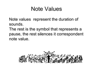 Note Values
Note values represent the duration of
sounds.
The rest is the symbol that represents a
pause, the rest silences it correspondent
note value.
 