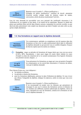 Guide pour la rédaction du dossier de validation Partie 1 -Éléments biographiques et choix des activités
MINISTÈRE DE L’AGRICULTURE, DE L’AGROALIMENTAIRE ET DE LA FORÊT
- 9 -
CNPR-2007
Pièces
justificatives
Précisions
importantes
Ce qu’il
faut faire
Pièces
justificatives
Reportez-vous à la partie 3 « Pièces justificatives ».
Exemples de pièces justificatives : certificat de travail, attestation
d’activité sociale, compte rendu de réunion, copies de statuts,
convocation, article de presse mentionnant l’activité…
Lors de votre demande de recevabilité vous avez présenté des justificatifs nécessaires à la
vérification de vos emplois et leur durée, il est inutile de les représenter. Retenez ici plutôt des
pièces qui justifient d'une activité dans d'autres secteurs, notamment les activités sociales, ou qui
décrivent plus précisément votre emploi (un document qui décrit l'emploi sera plus utile au jury
qu'une simple attestation).
1-3. 1-3. Vos formations en rapport avec le diplôme demandé
Vos connaissances, aptitudes ou compétences ont été acquises dans des
formations en lien avec le cadre professionnel décrit dans le référentiel
du diplôme demandé ou qui peuvent vous en sembler éloignées. Essayez
de bien les repérer pour les mettre en évidence.
Formation : stages ou périodes de formations de longue durée que vous avez pu suivre
(CAPA, BPA, baccalauréat…) mais aussi stages de courte durée réalisés en cours
d’emploi ou dans des situations de la vie sociale (connaissance d’un logiciel, formation
aux premiers secours, langues…).
Vous présenterez les formations ou stages qui vous ont permis d’acquérir
les connaissances ou les savoir-faire nécessaires à l’exercice du métier,
visés par le diplôme demandé.
Pour chacun d’entre eux, vous indiquerez :
 les intitulés ou thèmes,
 les périodes et durées des formations,
 pour les formations diplômantes, précisez la date d’obtention du diplôme. Si vous n’avez
pas obtenu l’intégralité du diplôme, indiquez les épreuves, unités ou notes que vous avez
obtenues.
Reportez-vous à la partie 3 « Pièces justificatives ».
Il est recommandé de joindre tous les éléments qui permettront de
renseigner le jury sur le contenu des formations suivies et d'attester de
vos résultats aux différents examens (photocopie de diplôme, relevé de
notes, attestation de suivi de formation, contenu de la formation en lien
avec le diplôme demandé…).
 