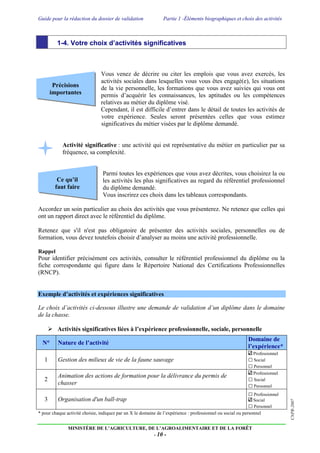Guide pour la rédaction du dossier de validation Partie 1 -Éléments biographiques et choix des activités
MINISTÈRE DE L’AGRICULTURE, DE L’AGROALIMENTAIRE ET DE LA FORÊT
- 10 -
CNPR-2007
Précisions
importantes
Ce qu’il
faut faire
1-4. 1-4. Votre choix d’activités significatives
Vous venez de décrire ou citer les emplois que vous avez exercés, les
activités sociales dans lesquelles vous vous êtes engagé(e), les situations
de la vie personnelle, les formations que vous avez suivies qui vous ont
permis d’acquérir les connaissances, les aptitudes ou les compétences
relatives au métier du diplôme visé.
Cependant, il est difficile d’entrer dans le détail de toutes les activités de
votre expérience. Seules seront présentées celles que vous estimez
significatives du métier visées par le diplôme demandé.
Activité significative : une activité qui est représentative du métier en particulier par sa
fréquence, sa complexité.
Parmi toutes les expériences que vous avez décrites, vous choisirez la ou
les activités les plus significatives au regard du référentiel professionnel
du diplôme demandé.
Vous inscrirez ces choix dans les tableaux correspondants.
Accordez un soin particulier au choix des activités que vous présenterez. Ne retenez que celles qui
ont un rapport direct avec le référentiel du diplôme.
Retenez que s'il n'est pas obligatoire de présenter des activités sociales, personnelles ou de
formation, vous devez toutefois choisir d’analyser au moins une activité professionnelle.
Rappel
Pour identifier précisément ces activités, consulter le référentiel professionnel du diplôme ou la
fiche correspondante qui figure dans le Répertoire National des Certifications Professionnelles
(RNCP).
Exemple d’activités et expériences significatives
Le choix d’activités ci-dessous illustre une demande de validation d’un diplôme dans le domaine
de la chasse.
 Activités significatives liées à l’expérience professionnelle, sociale, personnelle
N° Nature de l’activité
Domaine de
l’expérience*
1 Gestion des milieux de vie de la faune sauvage
Professionnel
□ Social
□ Personnel
2
Animation des actions de formation pour la délivrance du permis de
chasser
Professionnel
□ Social
□ Personnel
3 Organisation d'un ball-trap
□ Professionnel
Social
□ Personnel
* pour chaque activité choisie, indiquez par un X le domaine de l’expérience : professionnel ou social ou personnel
 